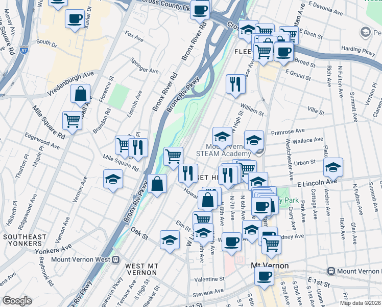 map of restaurants, bars, coffee shops, grocery stores, and more near 417 North MacQuesten Parkway in Mount Vernon