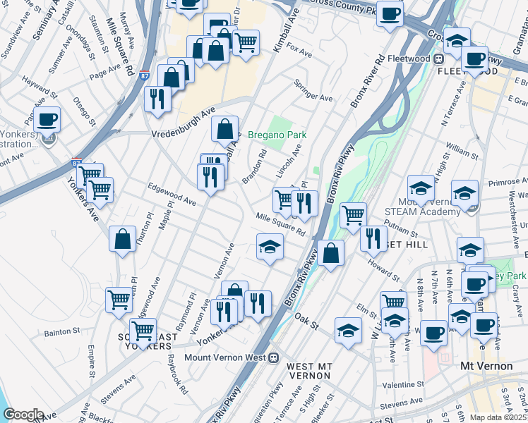 map of restaurants, bars, coffee shops, grocery stores, and more near 1092 Mile Square Road in Yonkers