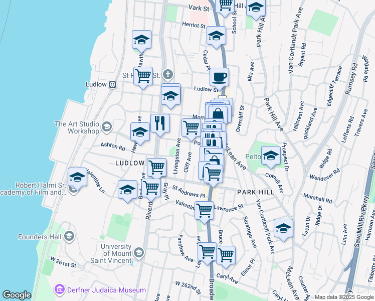 map of restaurants, bars, coffee shops, grocery stores, and more near 50 Post Street in Yonkers