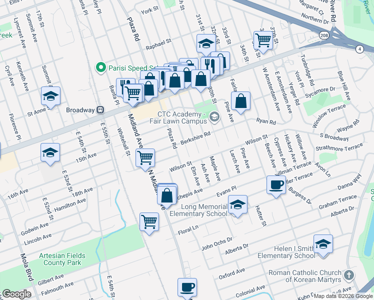 map of restaurants, bars, coffee shops, grocery stores, and more near 0-21 26th Street in Fair Lawn