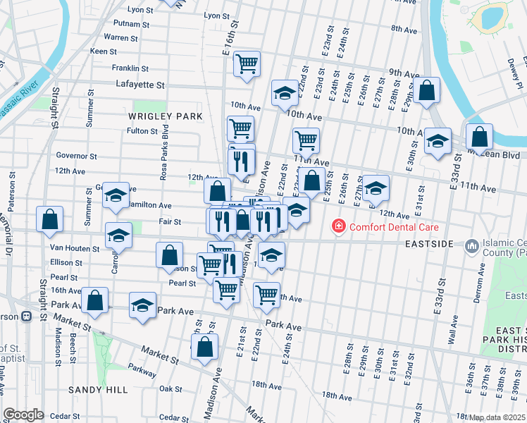 map of restaurants, bars, coffee shops, grocery stores, and more near in Paterson