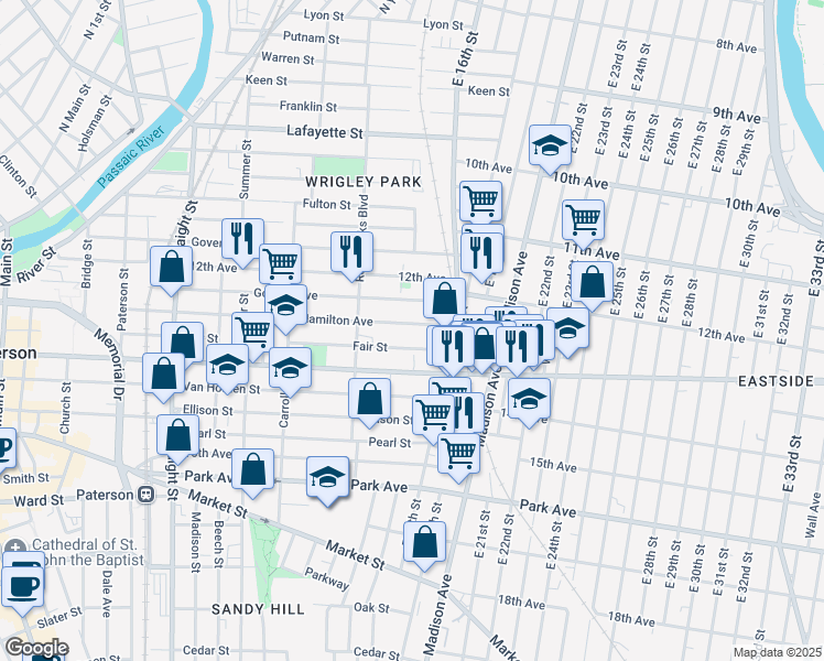 map of restaurants, bars, coffee shops, grocery stores, and more near 341 Hamilton Avenue in Paterson