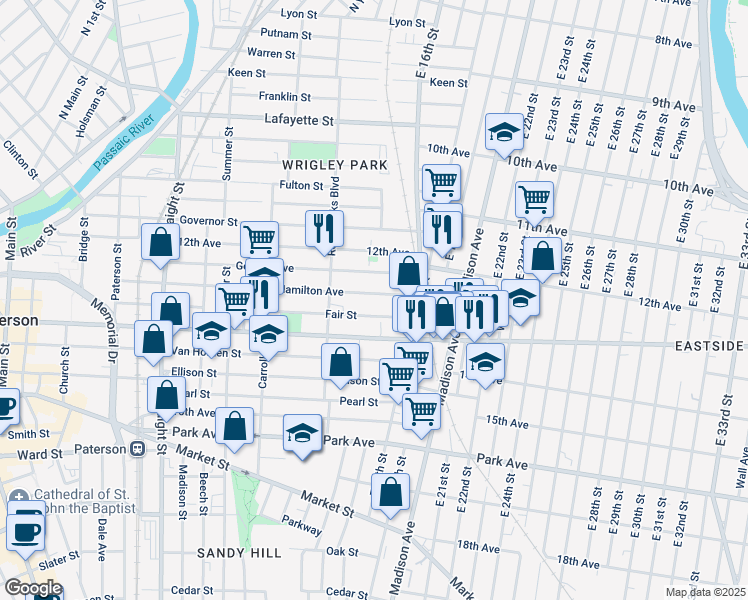 map of restaurants, bars, coffee shops, grocery stores, and more near 341 Hamilton Avenue in Paterson