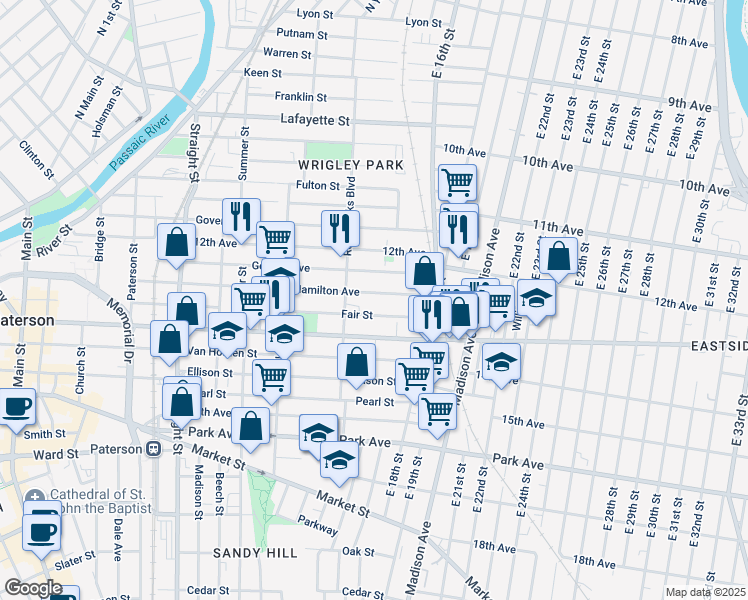 map of restaurants, bars, coffee shops, grocery stores, and more near in Paterson