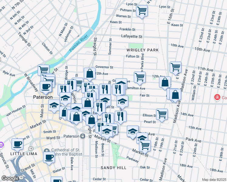 map of restaurants, bars, coffee shops, grocery stores, and more near 2 Lake Street in Paterson
