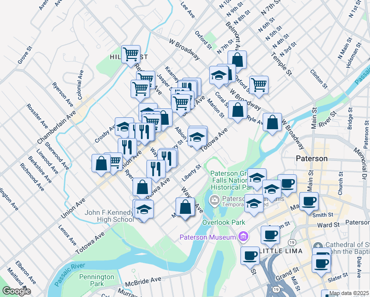 map of restaurants, bars, coffee shops, grocery stores, and more near 27 Albion Avenue in Paterson