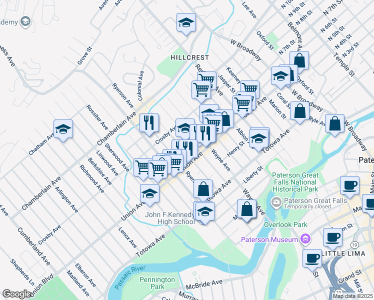 map of restaurants, bars, coffee shops, grocery stores, and more near 95 Manchester Avenue in Paterson