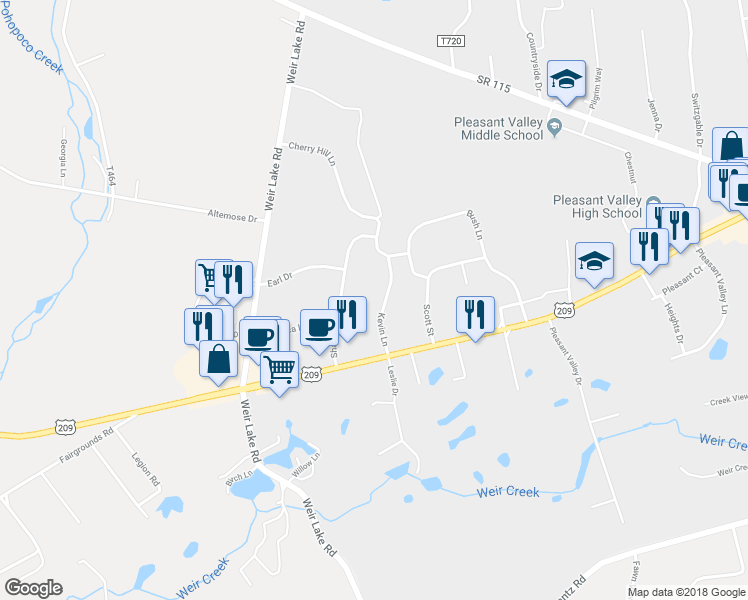 map of restaurants, bars, coffee shops, grocery stores, and more near 2 Kevin Lane in Brodheadsville
