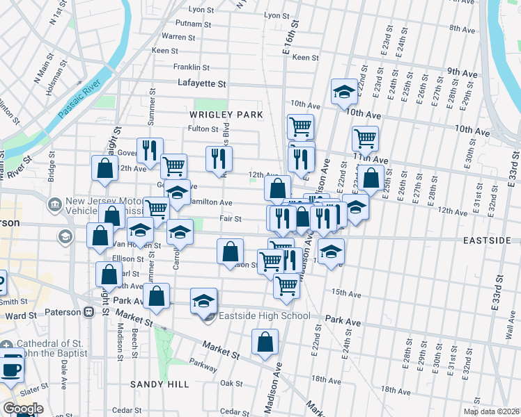 map of restaurants, bars, coffee shops, grocery stores, and more near 348 Hamilton Avenue in Paterson