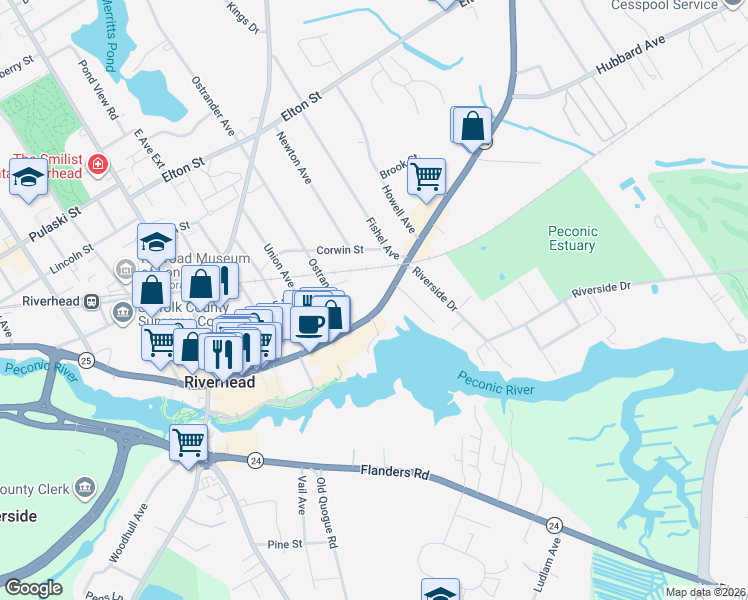 map of restaurants, bars, coffee shops, grocery stores, and more near 534 East Main Street in Riverhead