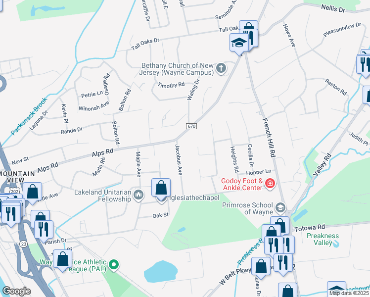 map of restaurants, bars, coffee shops, grocery stores, and more near 50 Jacobus Avenue in Wayne