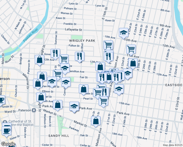 map of restaurants, bars, coffee shops, grocery stores, and more near 341 Hamilton Avenue in Paterson