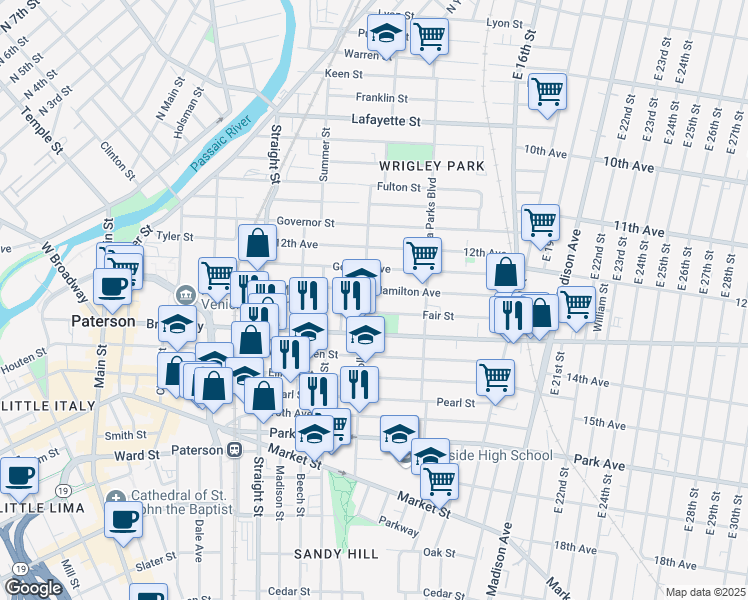 map of restaurants, bars, coffee shops, grocery stores, and more near 137 Carroll Street in Paterson