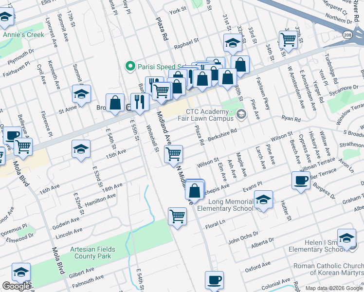 map of restaurants, bars, coffee shops, grocery stores, and more near 23-22 Cambridge Road in Fair Lawn