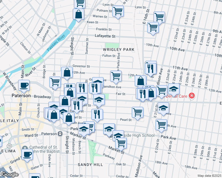 map of restaurants, bars, coffee shops, grocery stores, and more near 278 Hamilton Avenue in Paterson