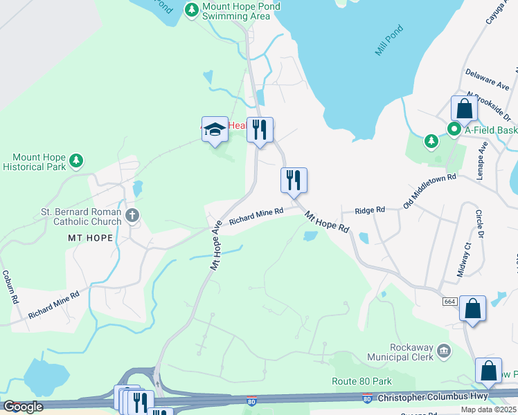 map of restaurants, bars, coffee shops, grocery stores, and more near 14 Richard Mine Road in Wharton
