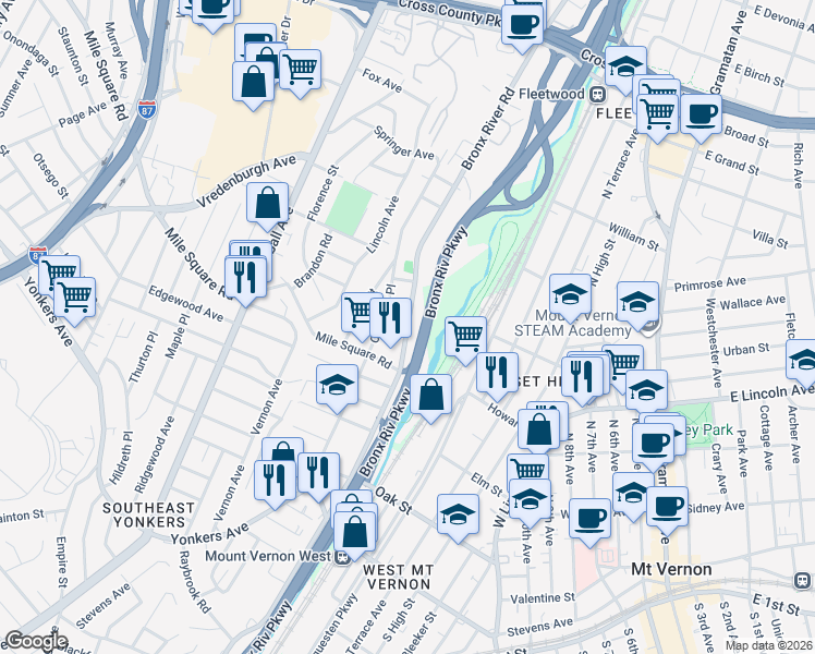 map of restaurants, bars, coffee shops, grocery stores, and more near 600 Bronx River Road in Yonkers