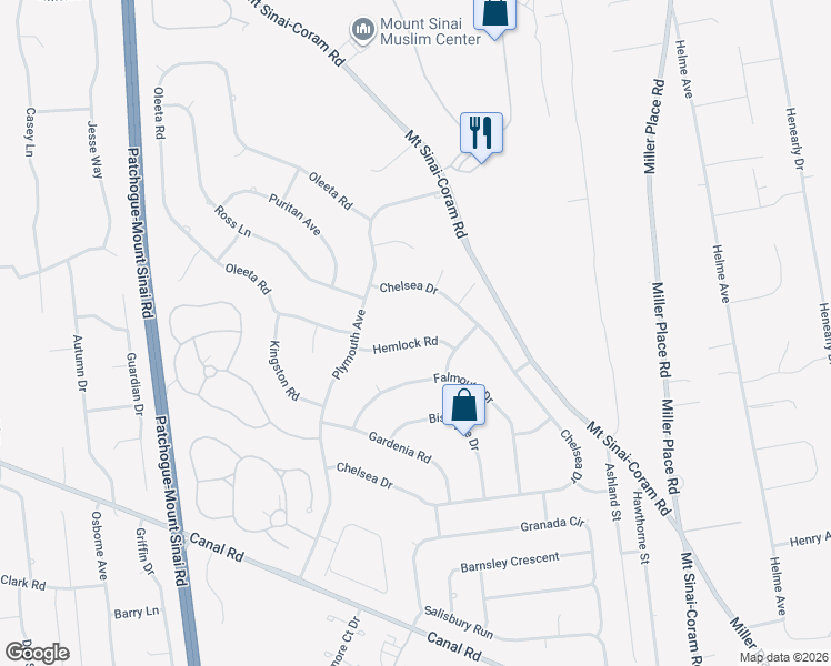 map of restaurants, bars, coffee shops, grocery stores, and more near 7 Hemlock Road in Mount Sinai