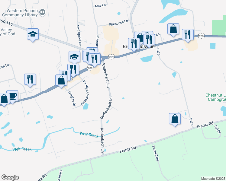 map of restaurants, bars, coffee shops, grocery stores, and more near 210 Rodenbach Lane in Brodheadsville
