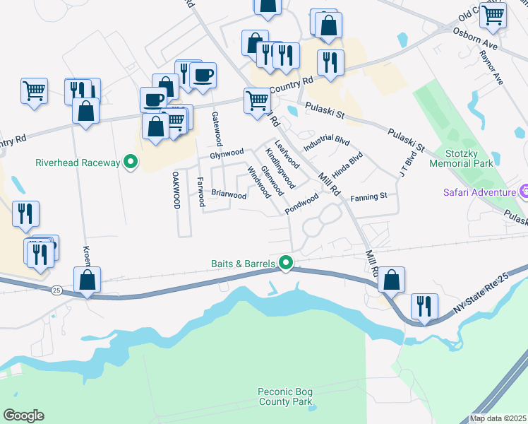 map of restaurants, bars, coffee shops, grocery stores, and more near 4360 Pondwood in Riverhead