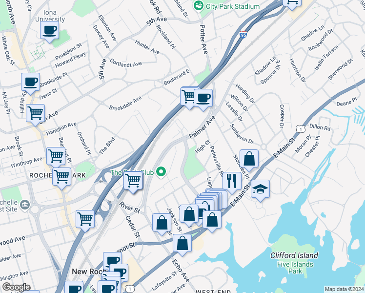 map of restaurants, bars, coffee shops, grocery stores, and more near 170 Stephenson Boulevard in New Rochelle