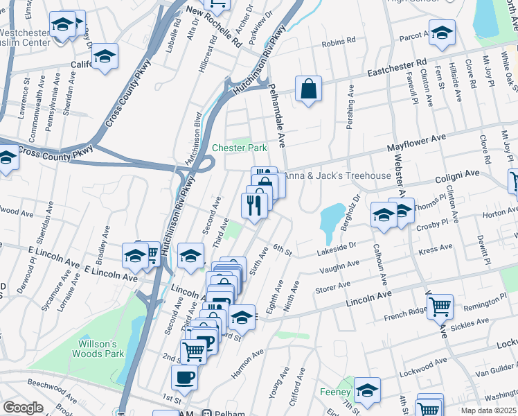 map of restaurants, bars, coffee shops, grocery stores, and more near 529 Fourth Avenue in Village of Pelham