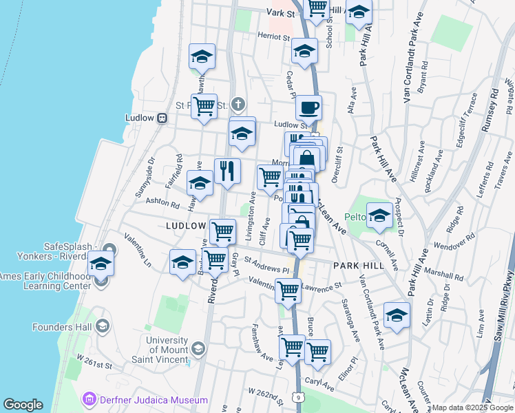 map of restaurants, bars, coffee shops, grocery stores, and more near 50 Post Street in Yonkers