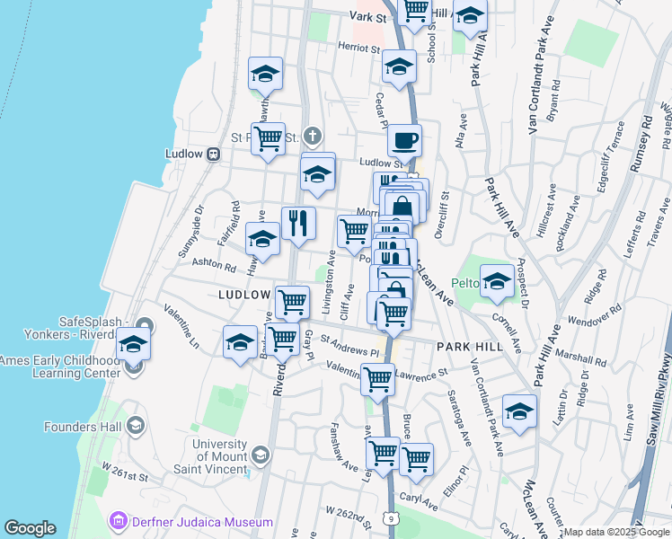 map of restaurants, bars, coffee shops, grocery stores, and more near 50 Post Street in Yonkers
