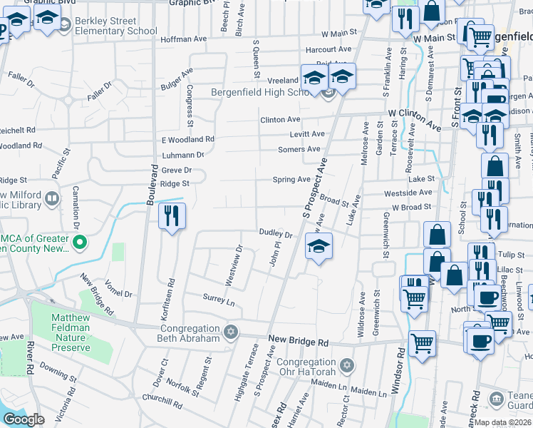 map of restaurants, bars, coffee shops, grocery stores, and more near 44 Hallberg Avenue in Bergenfield