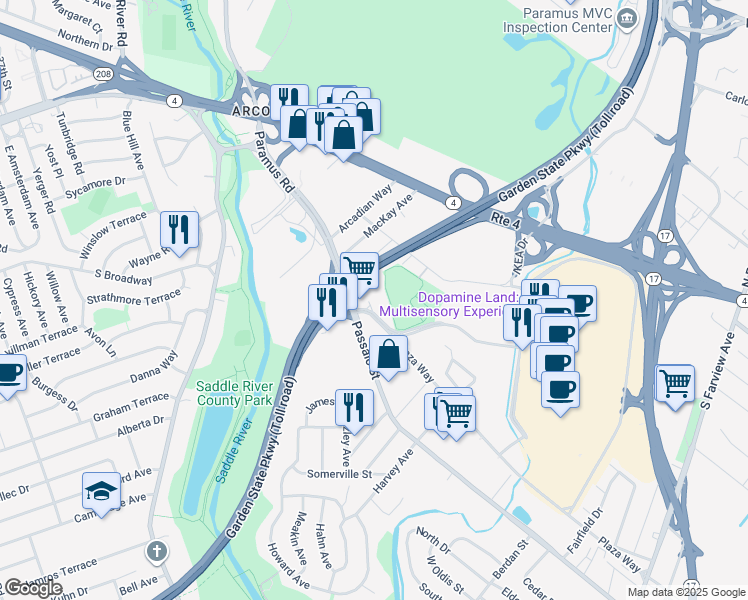 map of restaurants, bars, coffee shops, grocery stores, and more near 102 Paramus Road in Paramus