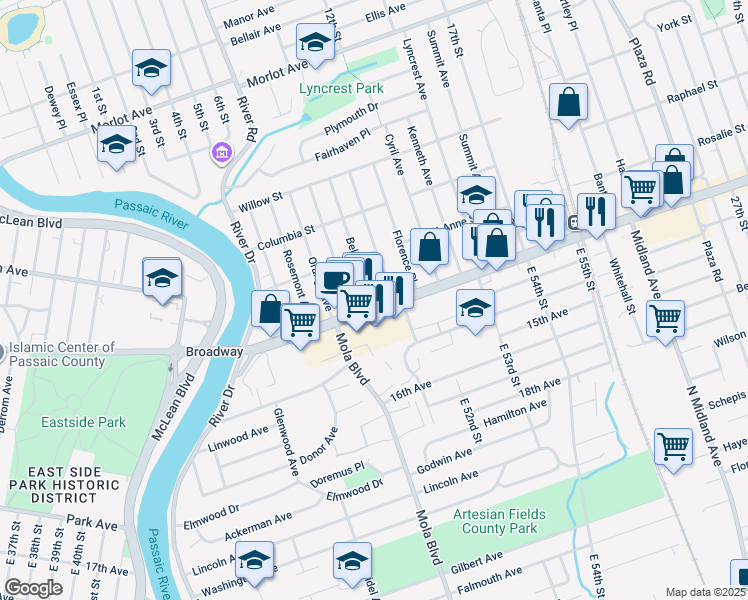 map of restaurants, bars, coffee shops, grocery stores, and more near 109 Bellevue Avenue in Elmwood Park