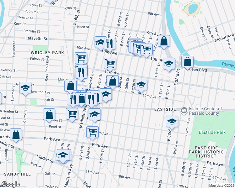 map of restaurants, bars, coffee shops, grocery stores, and more near 572 East 25th Street in Paterson