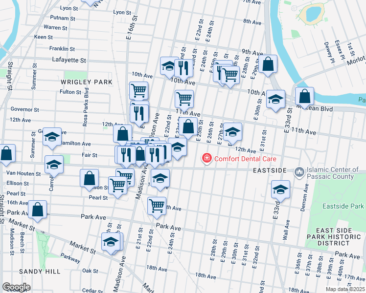 map of restaurants, bars, coffee shops, grocery stores, and more near 597 East 23rd Street in Paterson
