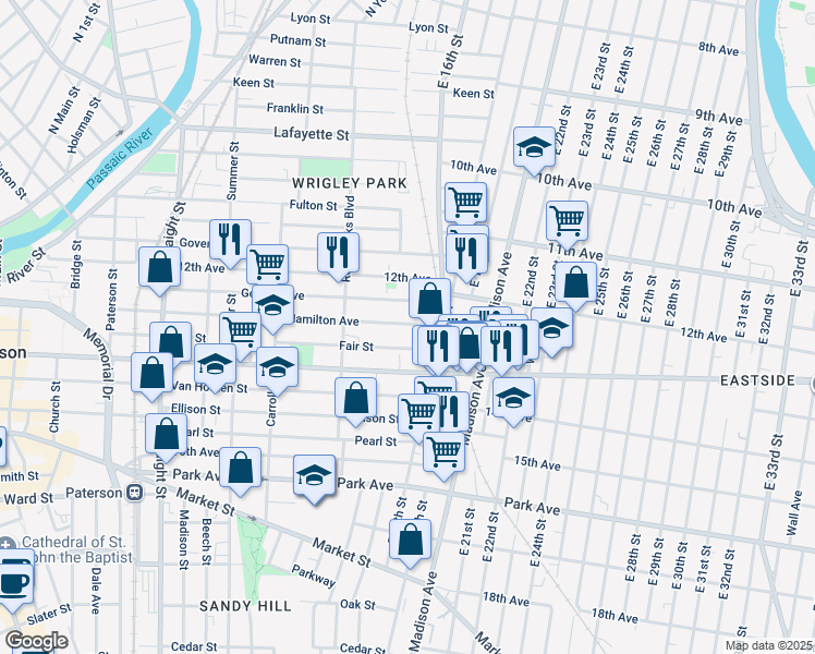 map of restaurants, bars, coffee shops, grocery stores, and more near 341 Hamilton Avenue in Paterson