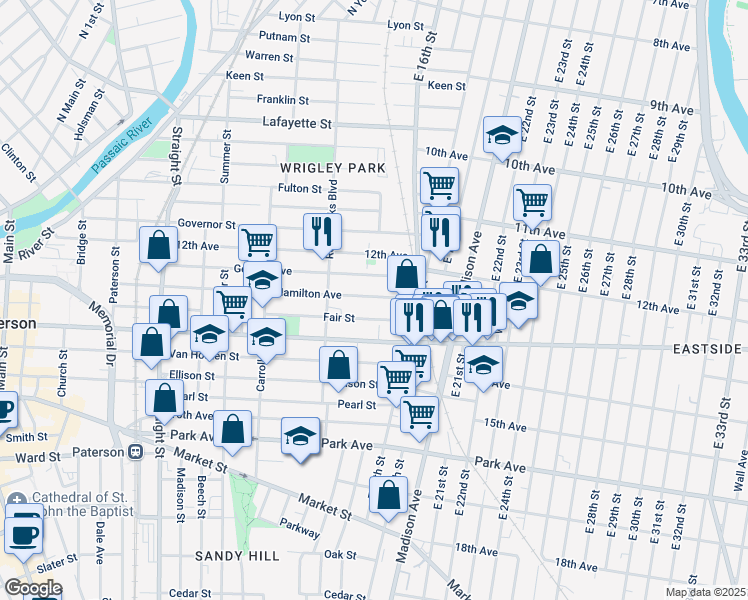 map of restaurants, bars, coffee shops, grocery stores, and more near 341 Hamilton Avenue in Paterson