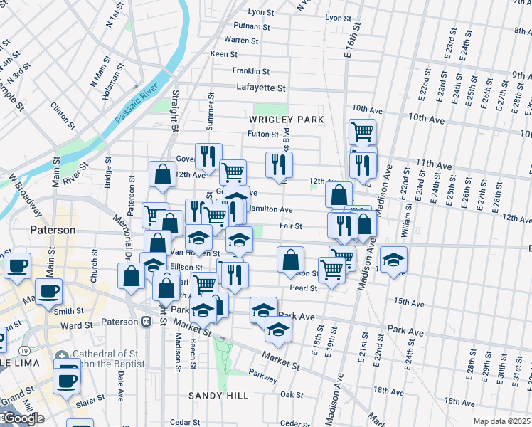 map of restaurants, bars, coffee shops, grocery stores, and more near 278 Hamilton Avenue in Paterson