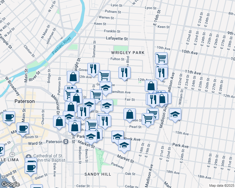 map of restaurants, bars, coffee shops, grocery stores, and more near 278 Hamilton Avenue in Paterson