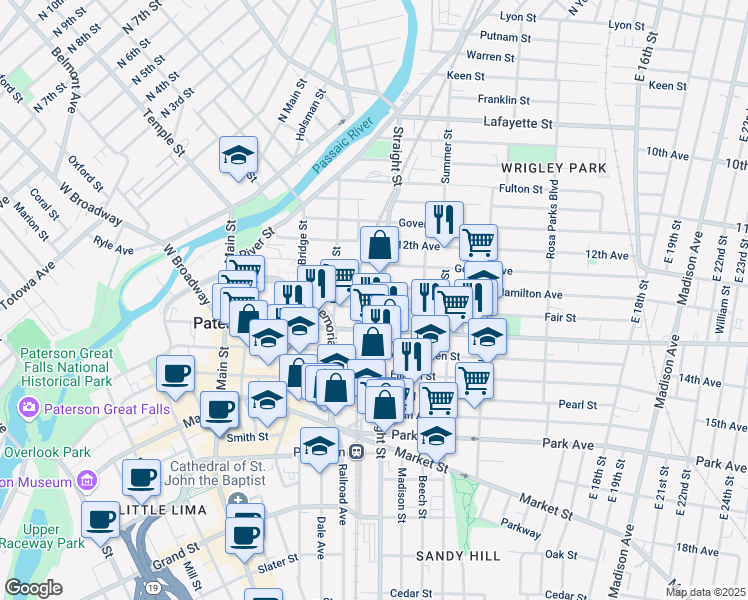 map of restaurants, bars, coffee shops, grocery stores, and more near 147 Fair Street in Paterson