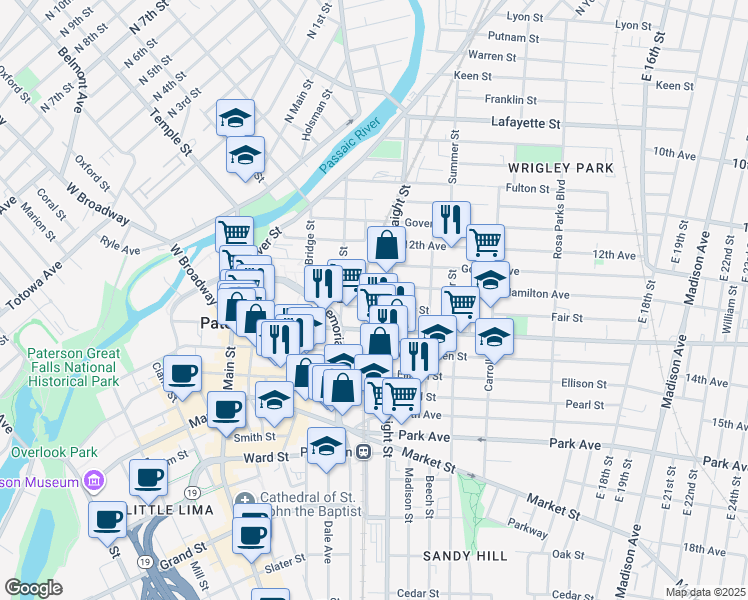 map of restaurants, bars, coffee shops, grocery stores, and more near 103 Fair Street in Paterson