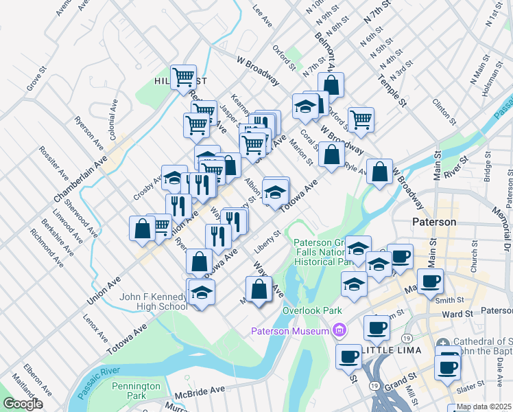 map of restaurants, bars, coffee shops, grocery stores, and more near 27 Albion Avenue in Paterson