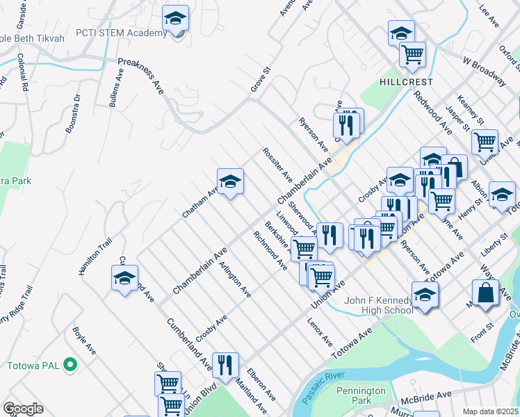 map of restaurants, bars, coffee shops, grocery stores, and more near 195 Chamberlain Avenue in Paterson