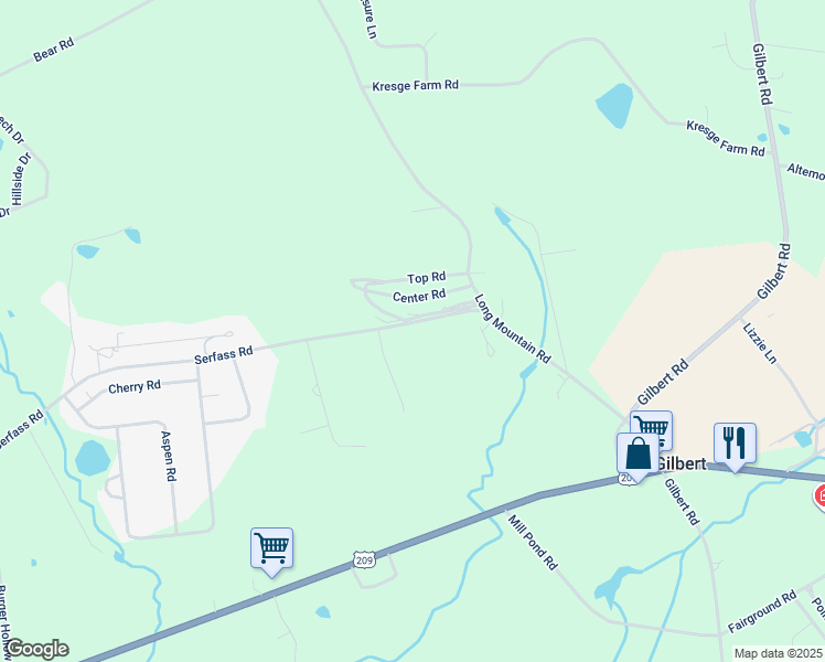 map of restaurants, bars, coffee shops, grocery stores, and more near 304 Serfass Road in Kunkletown
