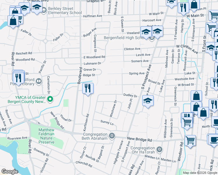 map of restaurants, bars, coffee shops, grocery stores, and more near 88 Hallberg Avenue in Bergenfield