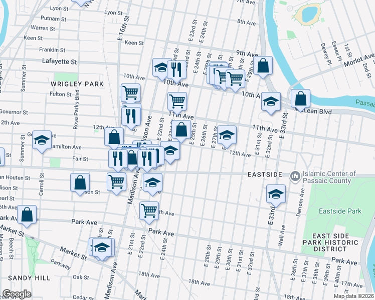 map of restaurants, bars, coffee shops, grocery stores, and more near 572 East 25th Street in Paterson