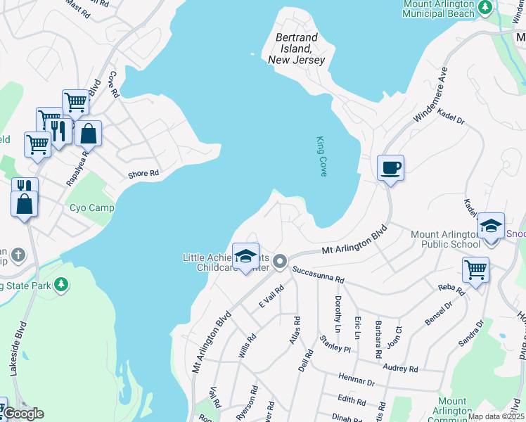 map of restaurants, bars, coffee shops, grocery stores, and more near 21 Sunset Lane in Roxbury Township