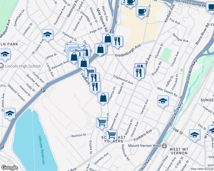 map of restaurants, bars, coffee shops, grocery stores, and more near 115 Gaffney Place in Yonkers