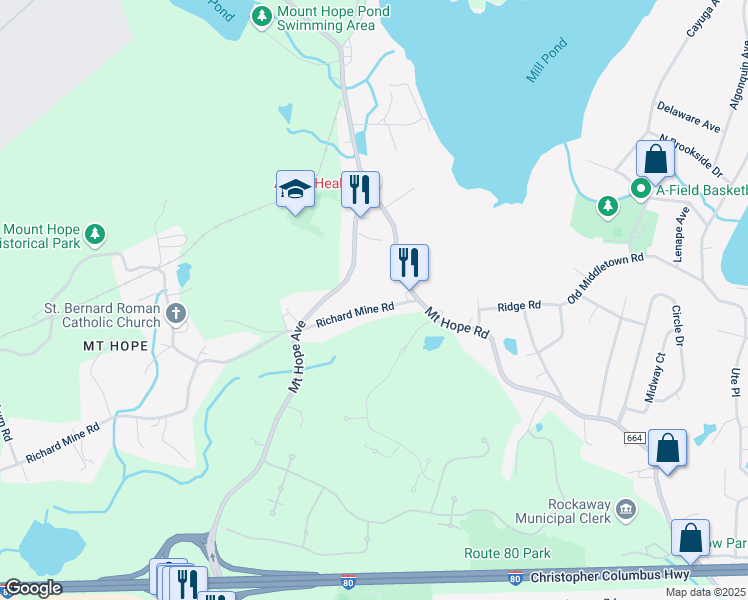 map of restaurants, bars, coffee shops, grocery stores, and more near 14 Richard Mine Road in Wharton