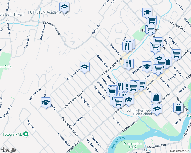 map of restaurants, bars, coffee shops, grocery stores, and more near 195 Chamberlain Avenue in Paterson