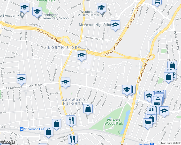 map of restaurants, bars, coffee shops, grocery stores, and more near 101 Ellwood Avenue in Mount Vernon