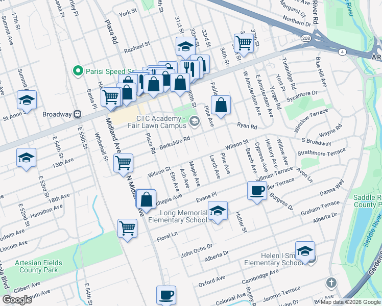 map of restaurants, bars, coffee shops, grocery stores, and more near 1 28th Street in Fair Lawn